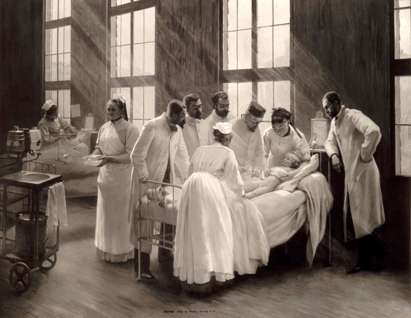 Doctors and a nurse around a patient in a 19th century hospital credit Archivio GBB Contrasto Redux SMALL